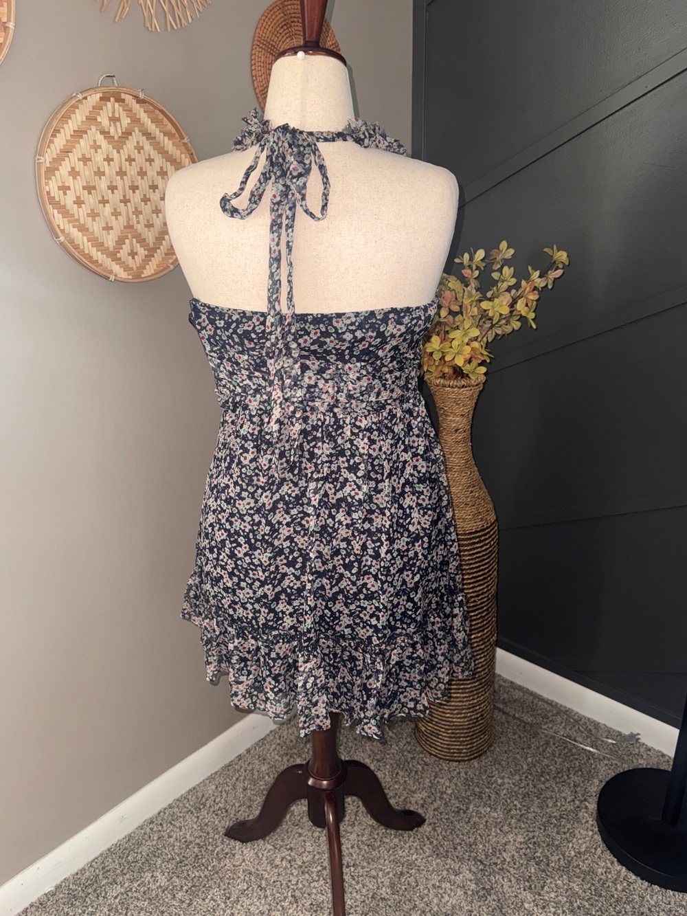 MM Couture Navy Floral Ruffle Halter Mini Dress 100%silk smocked cottagecore - Picture 3 of 8
